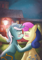 Size: 2480x3507 | Tagged: safe, artist:corina93, bon bon, lyra heartstrings, sweetie drops, earth pony, pony, unicorn, blushing, eyes closed, female, kissing, lesbian, lyrabon, night, park, shipping, streetlight