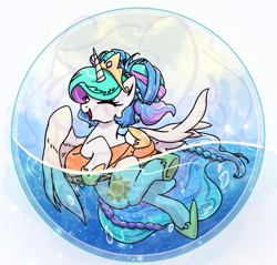 Size: 685x654 | Tagged: safe, artist:yukandasama, princess celestia, alicorn, pony, alternate hairstyle, cute, cutelestia, eyes closed, female, happy, inner tube, mare, open mouth, solo, water