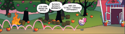 Size: 1141x317 | Tagged: safe, idw, pinkie pie, living apple, night of the living apples, spoiler:comic, spoiler:comic32, apple, apple (company), apple pinkie, apple tree, bouncing, bucket, female, food, happy, helmet, official comic, reference, spear, species swap, speech bubble, tree, weapon