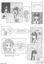 Size: 975x1417 | Tagged: safe, artist:vanillafox2035, derpibooru import, pinkie pie, twilight sparkle, human, bathroom, blushing, clothes, comic, female, food, horn, horned humanization, humanized, monochrome, muffin