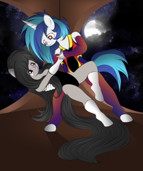 Size: 2223x2658 | Tagged: safe, artist:v-d-k, dj pon-3, octavia melody, vinyl scratch, anthro, dancing, female, leotard, lesbian, scratchtavia, shipping