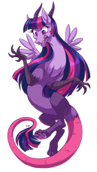 Size: 720x1280 | Tagged: safe, artist:heilos, derpibooru import, twilight sparkle, twilight sparkle (alicorn), alicorn, draconequus, draconequified, long mane, paws, shocked, solo, species swap, twikonequus