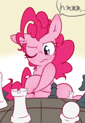 Size: 2147x3109 | Tagged: safe, artist:akainu_pony, pinkie pie, earth pony, pony, chess, crossed hooves, female, mare, one eye closed, solo