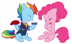 Size: 2547x1584 | Tagged: safe, artist:chub-wub, derpibooru import, pinkie pie, rainbow dash, earth pony, pegasus, pony, the last problem, alternate hairstyle, clothes, eyes closed, female, hoof hold, jacket, laughing, mare, missing cutie mark, older, older pinkie pie, older rainbow dash, open mouth, simple background, sitting, white background, whoopee cushion