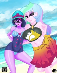 Size: 1616x2048 | Tagged: safe, artist:aboimages03, artist:minusclass, princess celestia, principal celestia, sci-twi, twilight sparkle, collaboration, better together, equestria girls, beach, breasts, clothes, clothes swap, duo, female, hat, implied sunset shimmer, princess breastia, sarong, swimsuit