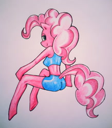 Size: 2334x2676 | Tagged: safe, artist:theonlycountfilth, pinkie pie, anthro, unguligrade anthro, arm hooves, clothes, high res, midriff, shorts, solo, sports bra, traditional art