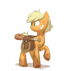 Size: 773x805 | Tagged: safe, artist:carnifex, applejack, earth pony, pony, alternate hairstyle, alternate universe, baseball bat, dirty, lasso, looking back, missing accessory, raised hoof, ropes, saddle bag, scar, solo, survivor