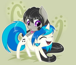 Size: 3500x3000 | Tagged: safe, artist:llacky, dj pon-3, octavia melody, vinyl scratch, earth pony, pony, chibi, cute, daaaaaaaaaaaw, eyes closed, female, floppy ears, hnnng, leaning, lesbian, open mouth, scratchtavia, shipping, smiling, tavibetes, vinylbetes