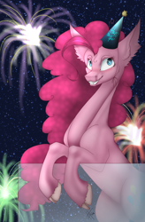 Size: 1207x1839 | Tagged: safe, artist:lilramenowo, pinkie pie, earth pony, pony, cloven hooves, fireworks, happy new year, hat, holiday, impossibly large ears, new year, party hat, rearing, solo