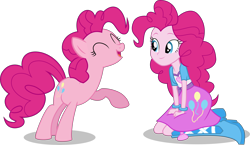 Size: 7500x4346 | Tagged: safe, artist:limedazzle, pinkie pie, pony, equestria girls, absurd resolution, balloon, boots, bracelet, clothes, cute, diapinkes, eyes closed, high heel boots, human ponidox, jewelry, looking at each other, pony counterpart, raised hoof, self ponidox, simple background, skirt, square crossover, transparent background, vector