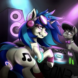 Size: 2400x2400 | Tagged: safe, artist:whitepone, dj pon-3, octavia melody, vinyl scratch, earth pony, pony, anklet, bedroom eyes, blushing, dock, earring, eyeroll, frown, glowstick, grin, headphones, looking at you, looking back, plot, raised hoof, raised tail, smiling, speakers, turntable, unamused, underhoof, wristband