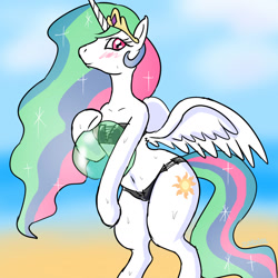 Size: 1280x1280 | Tagged: safe, artist:zokoira, princess celestia, alicorn, pony, semi-anthro, arm hooves, beach, beach ball, belly button, bikini, black swimsuit, blushing, clothes, female, mare, solo, sweat, swimsuit