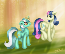 Size: 4200x3500 | Tagged: safe, artist:astralispl, bon bon, lyra heartstrings, sweetie drops, earth pony, pony, unicorn, crepuscular rays, duo, forest, leaf