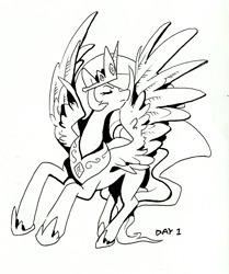 Size: 1012x1208 | Tagged: safe, artist:jabberwockychamber, princess celestia, alicorn, pony, eyes closed, female, horn, inktober, inktober 2018, jewelry, monochrome, regalia, simple background, solo, spread wings, white background, wings