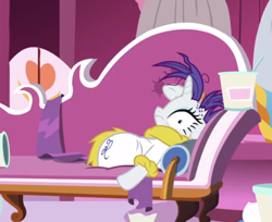 Size: 506x412 | Tagged: safe, screencap, rarity, pony, unicorn, it isn't the mane thing about you, carousel boutique, cropped, fainting couch, food, ice cream, raribald, sofa, solo