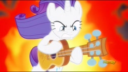 Size: 1280x720 | Tagged: safe, screencap, rarity, pony, unicorn, honest apple, angry, badass, catasterism, discovery family logo, female, fire, gritted teeth, guitar, guitarity, heavy metal, mare, musical instrument, solo