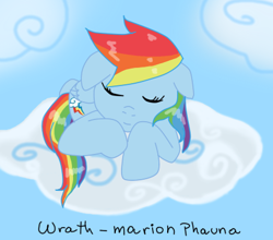 Size: 444x390 | Tagged: safe, artist:wrath-marionphauna, derpibooru import, rainbow dash, pegasus, pony, cloud, sleeping, solo