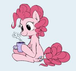 Size: 1280x1197 | Tagged: safe, artist:orchid-to-the-winter, pinkie pie, earth pony, pony, happy, hoof hold, hot drink, looking at something, mug, simple background, sitting, smiling, solo, white background