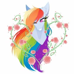 Size: 1080x1080 | Tagged: safe, artist:montystyle, derpibooru import, rainbow dash, pegasus, pony, bust, digital art, eyelashes, facebook, female, flower, heart, long mane, mare, one eye closed, plant, rose, simple background, smiling, solo, white background, wink