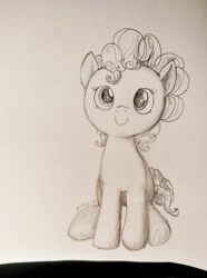 Size: 1280x1725 | Tagged: safe, artist:orchid-to-the-winter, pinkie pie, earth pony, pony, looking at you, looking up, monochrome, pencil drawing, sitting, smiling, solo, traditional art