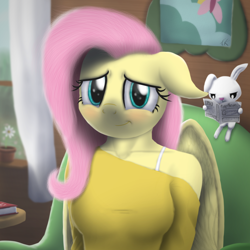 Size: 2500x2500 | Tagged: safe, artist:facelesssoles, angel bunny, fluttershy, anthro, pegasus, book, clothes, female, flower, mare, newspaper, reading, sitting, table