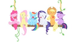 Size: 500x281 | Tagged: safe, artist:sweet_girls_and, derpibooru import, applejack, fluttershy, pinkie pie, rainbow dash, rarity, twilight sparkle, earth pony, pegasus, pony, unicorn, >w<, cute, diabetes, digital art, mane six, plant, smiling, surprised, swing