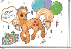 Size: 1024x708 | Tagged: safe, artist:jaikyll, applejack, earth pony, pony, balloon, present, solo, traditional art, underhoof