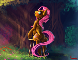 Size: 1400x1080 | Tagged: safe, artist:miokomata, fluttershy, pegasus, pony, blushing, crepuscular rays, featureless crotch, female, flutterbutt, folded wings, forest, grass, looking back, looking down, mare, open mouth, plot, pose, signature, solo, stool, tree, underhoof