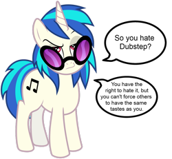 Size: 1109x1024 | Tagged: safe, dj pon-3, vinyl scratch, pony, unicorn, arial font, dubstep, music, opinion, solo, text