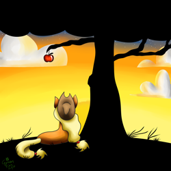 Size: 1024x1024 | Tagged: safe, artist:greenfire2908, applejack, earth pony, pony, apple, cloud, food, prone, rear view, solo, stars, sunset, tree, twilight (astronomy)