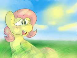 Size: 1024x768 | Tagged: safe, artist:faunaflight, fluttershy, pegasus, pony, cute, drawing, female, folded wings, grass, head turn, light, mare, nature, open mouth, scenery, sitting, smiling, solo