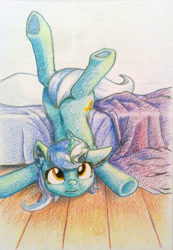 Size: 1821x2639 | Tagged: safe, artist:sokolas, lyra heartstrings, backbend, bed, colored pencil drawing, cute, faceplant, floppy ears, frown, legs in air, looking at you, looking up, lyrabetes, morning ponies, solo, traditional art, underhoof