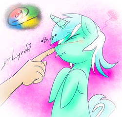 Size: 1335x1286 | Tagged: safe, artist:rockarboom, lyra heartstrings, blushing, boop, cute, eyes closed, hand, heart, lyrabetes, nose wrinkle, scrunchy face, sweatdrop