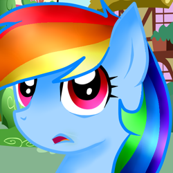 Size: 512x512 | Tagged: safe, artist:raymeddlysun, derpibooru import, rainbow dash, pegasus, pony, digital art, looking at you, ponyville, solo, surprised