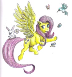 Size: 1490x1591 | Tagged: safe, artist:edhelistar, angel bunny, fluttershy, hummingway, bird, butterfly, hummingbird, pegasus, pony, rabbit, angel bunny is unamused, animal, female, flying, mare, simple background, traditional art, white background
