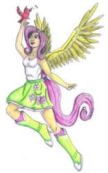 Size: 1274x2045 | Tagged: safe, artist:edhelistar, fluttershy, bird, butterfly, equestria girls, boots, clothes, flying, high heel boots, ponied up, pony ears, ponytail, raised leg, simple background, singing, skirt, socks, solo, traditional art, white background, winged human, wings