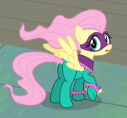 Size: 285x266 | Tagged: safe, screencap, fluttershy, saddle rager, pegasus, pony, power ponies (episode), cropped, female, looking back, mare, open mouth, plot, power ponies, raised hoof, solo, spread wings, wings