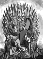 Size: 850x1170 | Tagged: safe, artist:herny, discord, game of thrones, iron throne, solo, throne