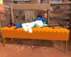 Size: 1280x1024 | Tagged: safe, dj pon-3, vinyl scratch, pony, unicorn, 3d, crossbow, diamondback, glasses, gmod, sleeping, table, team fortress 2