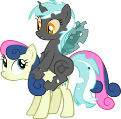 Size: 1041x1024 | Tagged: safe, edit, bon bon, lyra heartstrings, sweetie drops, changeling, blue changeling, changelingified, changelings riding ponies, corrupted, female, lesbian, lyrabon, ponies riding ponies, shipping, simple background, species swap, transparent background, vector