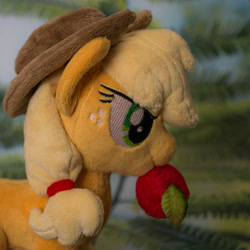 Size: 570x570 | Tagged: safe, artist:valmiiki, applejack, earth pony, pony, apple, cute, female, food, hat, irl, magnet, mare, mouth hold, photo, plushie, solo