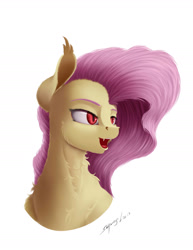 Size: 1700x2200 | Tagged: safe, artist:skitsroom, fluttershy, bat pony, pony, bust, fluffy, flutterbat, open mouth, portrait, race swap, simple background, solo