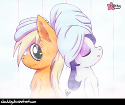 Size: 946x800 | Tagged: safe, artist:clouddg, applejack, rarity, earth pony, pony, unicorn, applejack's "day" off, chest fluff, duo, eyes closed, looking at you, open mouth, relaxing, side view, signature, spa, steam, steam room, towel