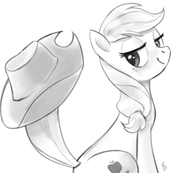 Size: 758x737 | Tagged: safe, artist:ehfa, applejack, earth pony, pony, cowboy hat, female, grayscale, hat, lidded eyes, looking at you, mare, monochrome, simple background, solo, white background