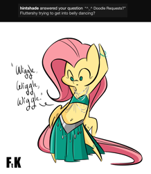 Size: 1468x1683 | Tagged: safe, artist:fluttershythekind, fluttershy, pegasus, pony, ankle bracelet, ask, belly button, belly dancer, bipedal, bracelet, clothes, cute, dancing, jewelry, midriff, simple background, skirt, solo, tumblr, white background, wiggle