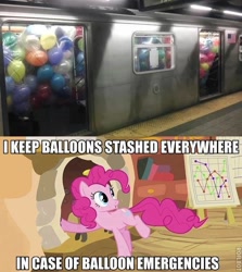 Size: 500x560 | Tagged: safe, edit, edited screencap, screencap, pinkie pie, it's about time, ball emergency, balloon, fireplace, golden oaks library, image macro, irl, meme, metro, photo, roflbot, solo, subway