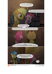 Size: 3541x5016 | Tagged: safe, artist:gashiboka, applejack, pinkie pie, oc, oc:dream vision, earth pony, pony, unicorn, comic:recall the time of no return, comic, patreon, patreon logo