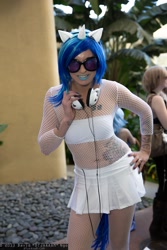 Size: 1365x2048 | Tagged: safe, artist:sequinsupernova, dj pon-3, vinyl scratch, human, 2013, anime los angeles, belly button, clothes, cosplay, headphones, irl, irl human, photo, skirt