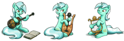 Size: 2000x667 | Tagged: safe, artist:king-kakapo, lyra heartstrings, classical unicorn, pony, unicorn, book, chest fluff, cloven hooves, female, guitar, lyre, lyre-guitar, mare, musical instrument, playing instrument, simple background, sitting, solo, unshorn fetlocks, white background