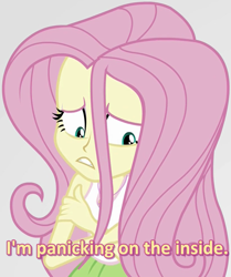 Size: 823x984 | Tagged: safe, screencap, fluttershy, equestria girls, mirror magic, spoiler:eqg specials, cropped, gray background, missing accessory, panicking, simple background, solo, subtitles